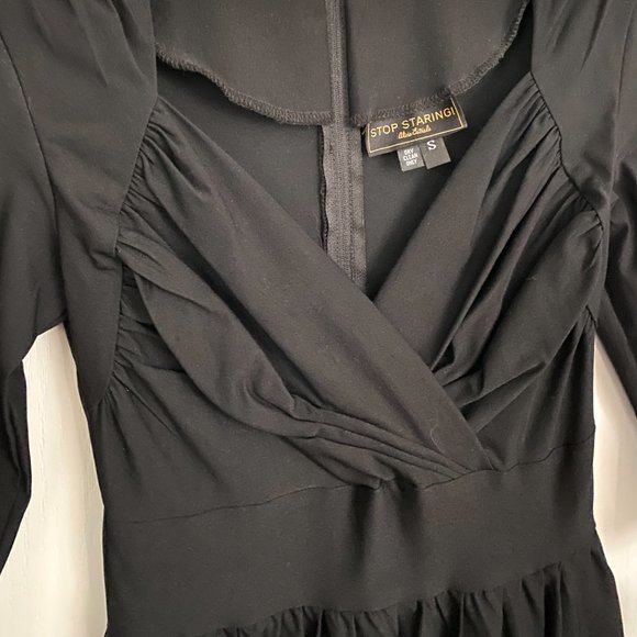 NWT Stop Staring Black 1950's Retro Cocktail Dress 3/4 Sleeve Pleated Full Skirt - Picture 4 of 13